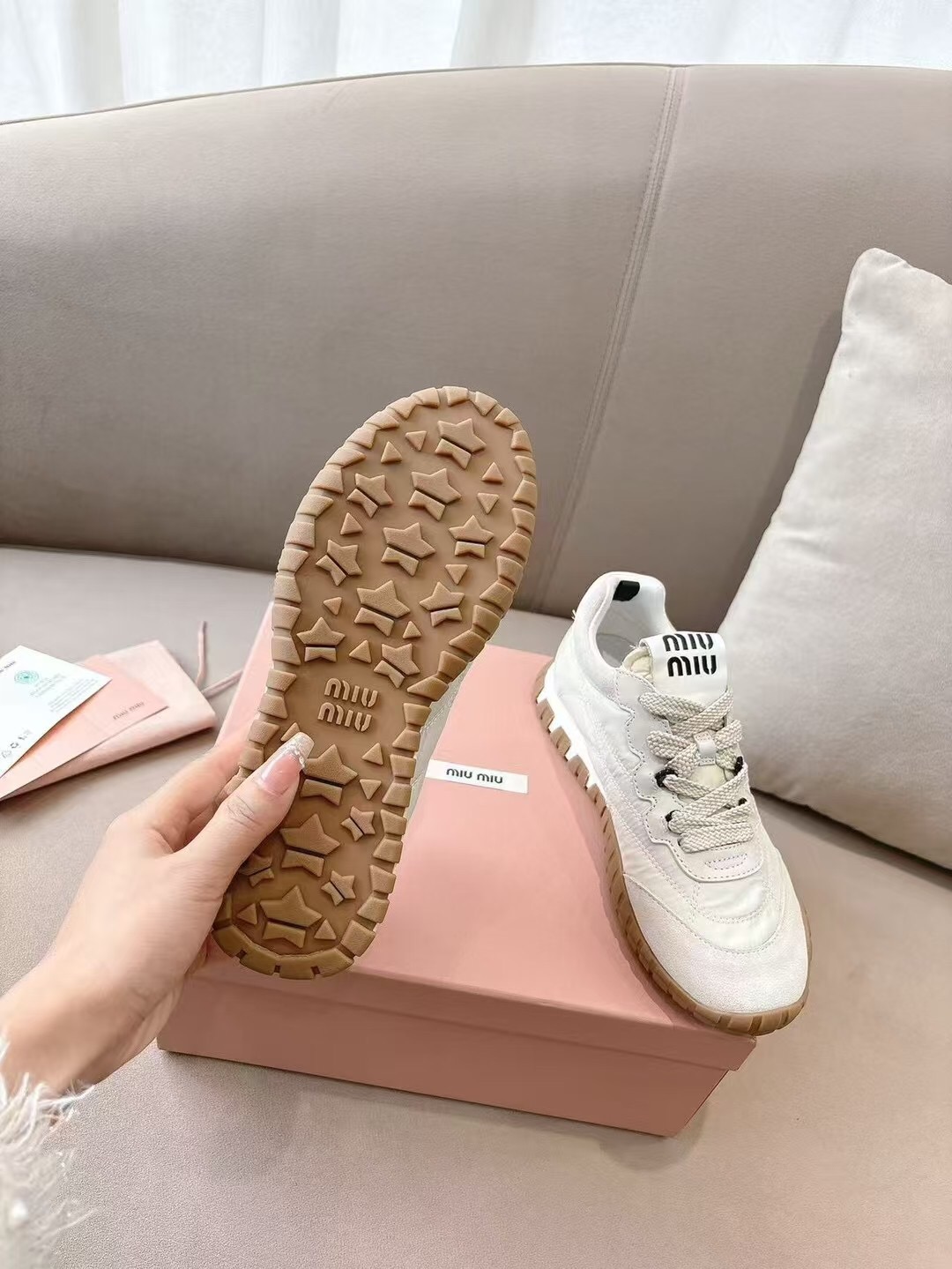 2025 Women Miu Miu White Beige Leather Nylon Casual Shoes KFY00280