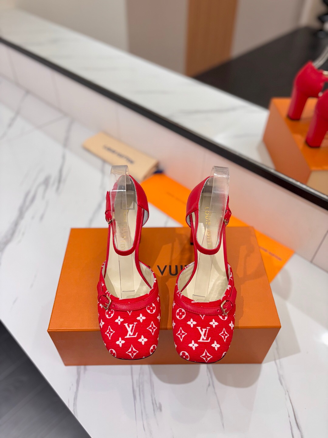 2025 Women Louis Vuitton Red Canvas Leather Heels KFY00310