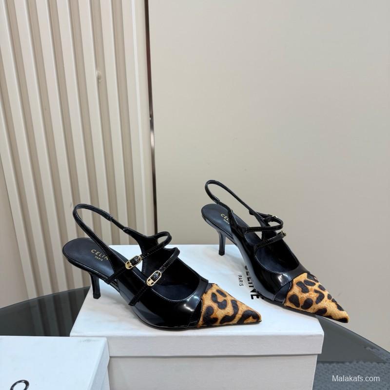 2025 Women Celine Leopard Black Patent Leather Slingback Heels