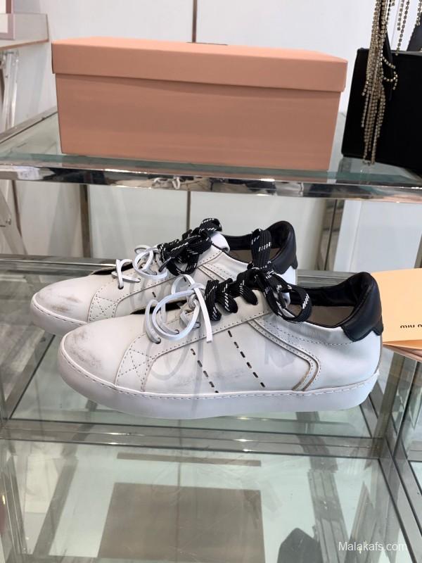 2025 Women Miu Miu White Black Leather Sneakers LY00290