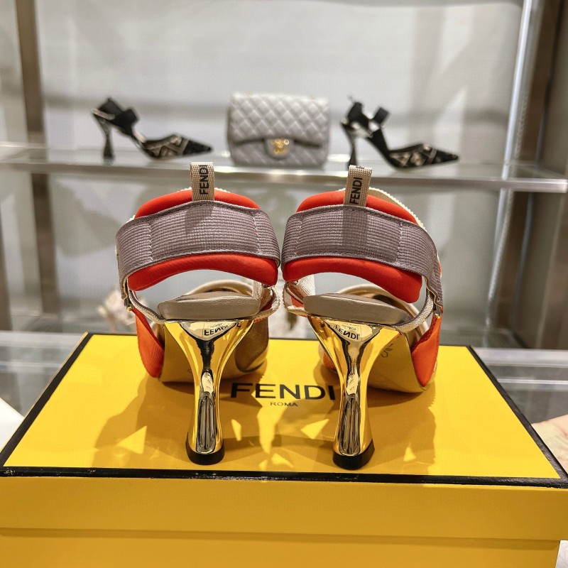 2025 Women Fendi Beige Orange Leather Fabric High Heels MJ00280