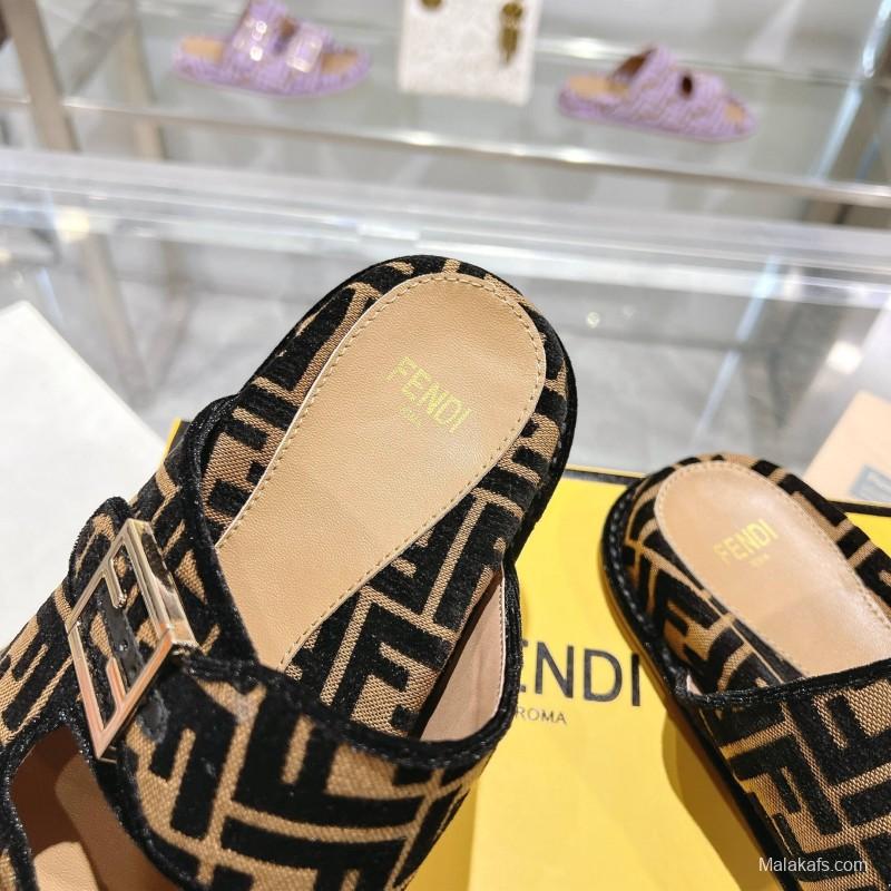 2025 Fendi Black Beige Fabric Slippers FF Buckle KFY00250