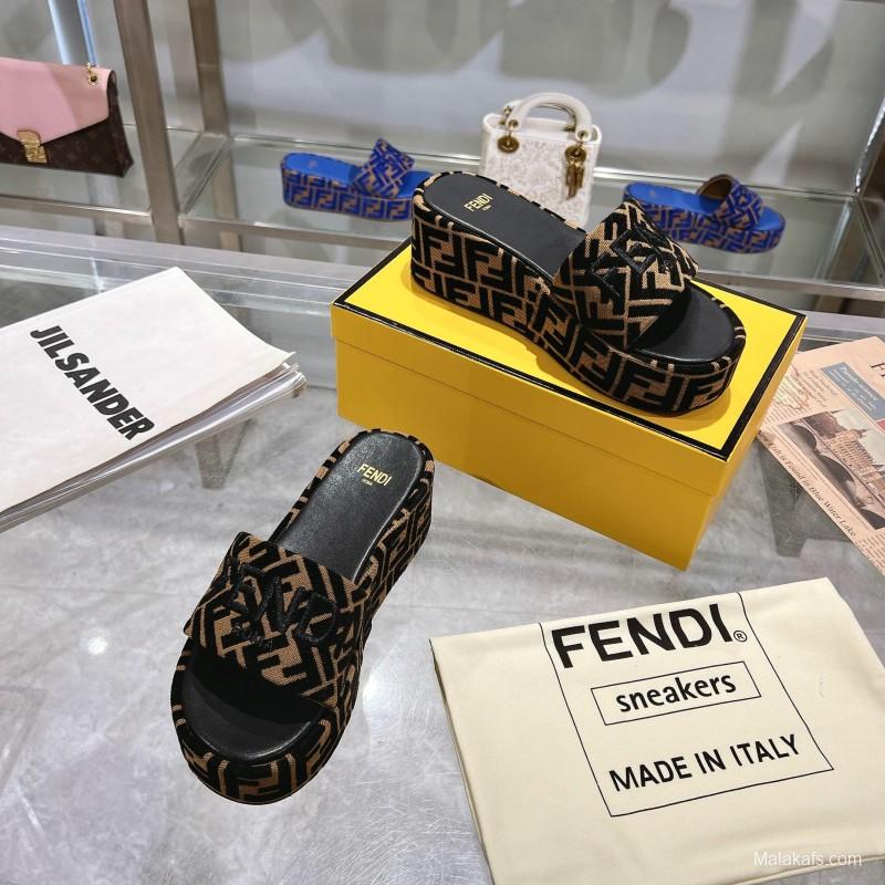 2025 Slippers Fendi Black Brown Canvas Platform FF Jacquard KFY00240
