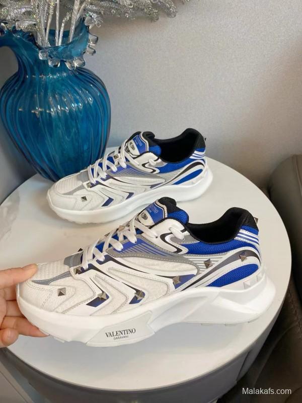 2024 Unisex Valentino Blue White Grey Mesh Leather Sneakers MJ00410