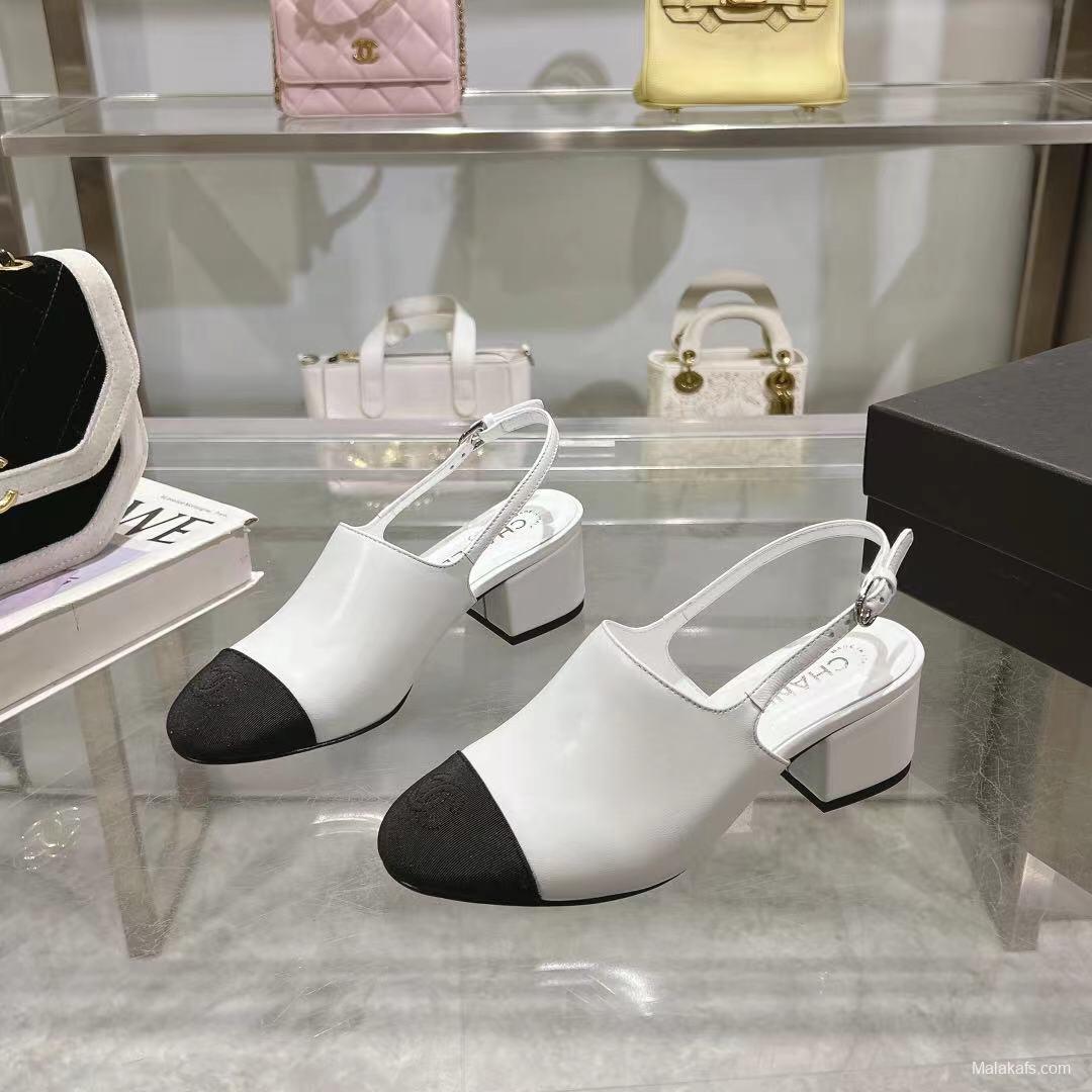 2025 Women Chanel White Black Leather Slingback Sandal LY00300
