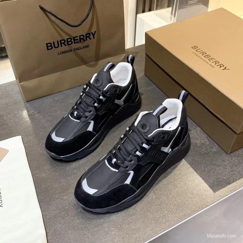 2025 Unisex Burberry Black White Leather Suede Sneakers MJ00380