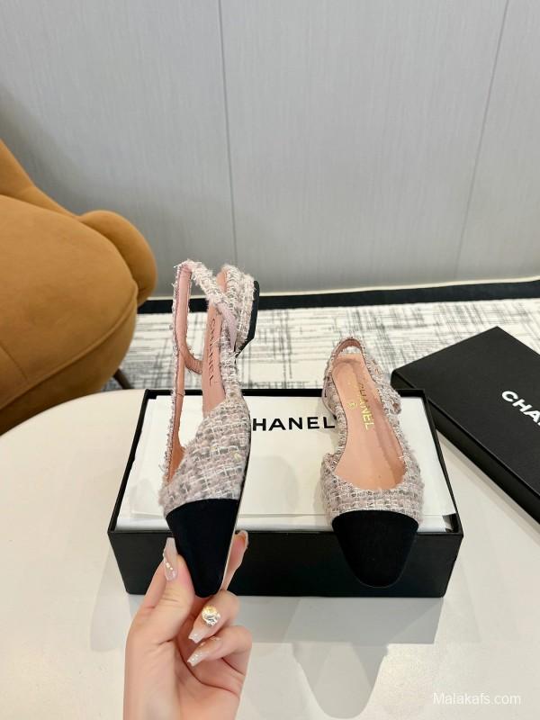 2025 Women Chanel Pink Black Mixed Leather Tweed Slingback Flats