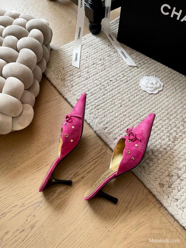 2025 Women Chanel Pink Suede Slip-on Mules KFY00290