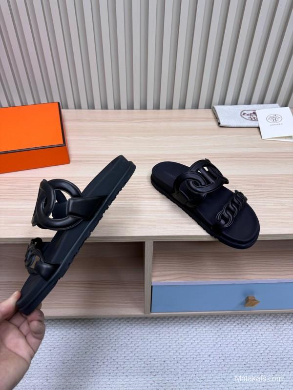 2025 Slippers Hermès Black Leather Slippers