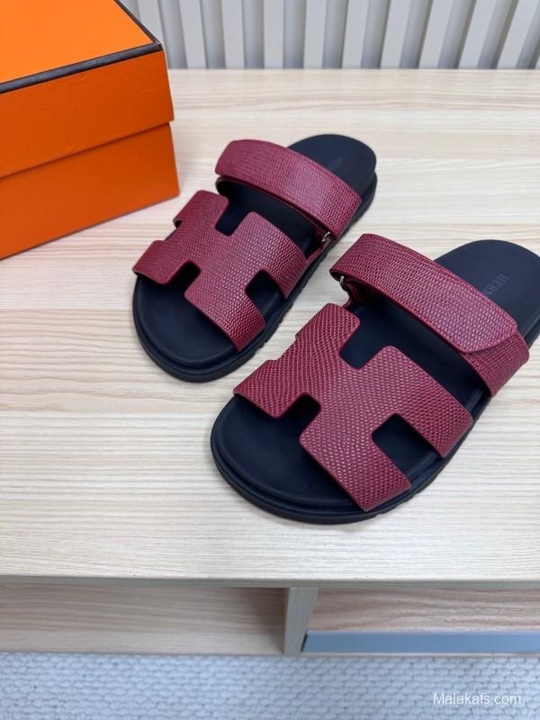 2025 Slippers Hermès Burgundy Black Leather Slide KFY00260