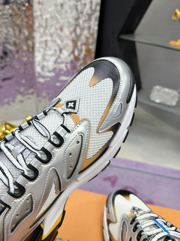 2025 Men Louis Vuitton Gradient Yellow White Leather Mesh Sneakers MJ00420