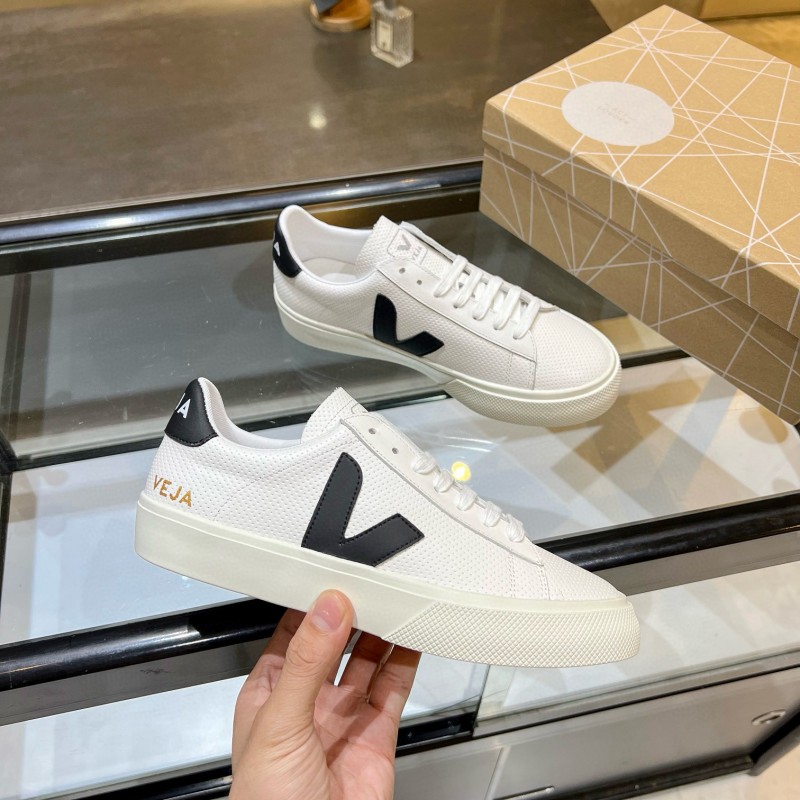 2025 Unisex VEJA White Black Leather Canvas Sneakers V Logo MJ00240(W/M)