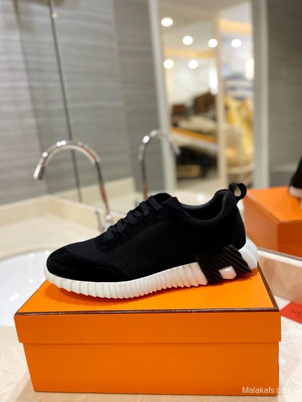 2024 Unisex Hermès black white fabric Suede sneakers