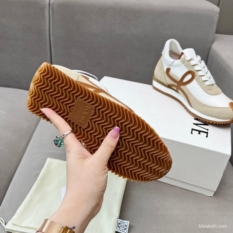2025 Unisex Loewe White Beige Brown Leather Fabric Sneakers LY00270