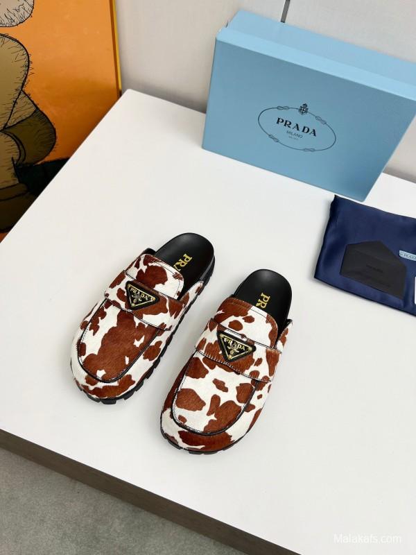 2025 Women Prada Brown White Cowhair Leather Slippers LY00270