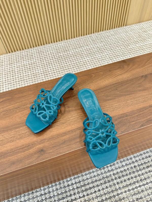 2025 Women Loewe Turquoise Leather Heeled Sandals LY00250