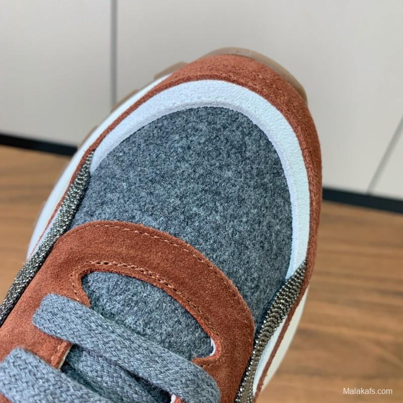 2025 Unisex Brunello Cucinelli Grey Brown White Suede Fabric Sneakers LY