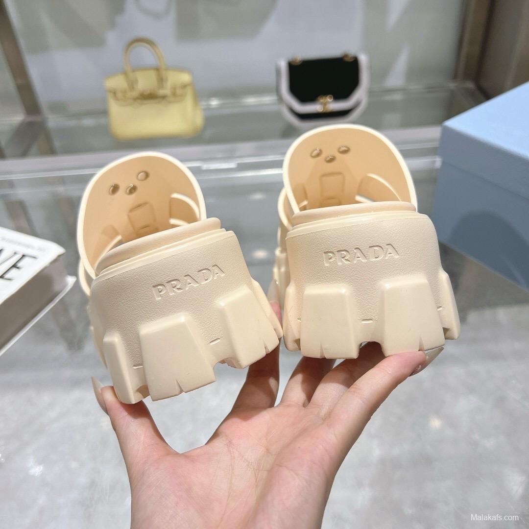 2025 Women Prada Beige Leather Platform Sandals LY00250