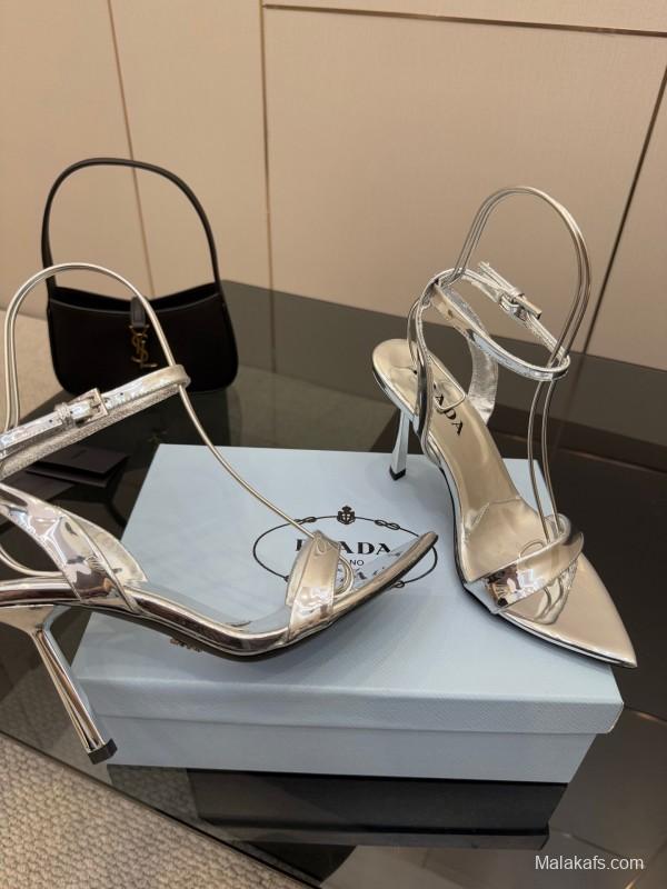 2025 Women Yves Saint Laurent Silver Leather Stiletto Sandals