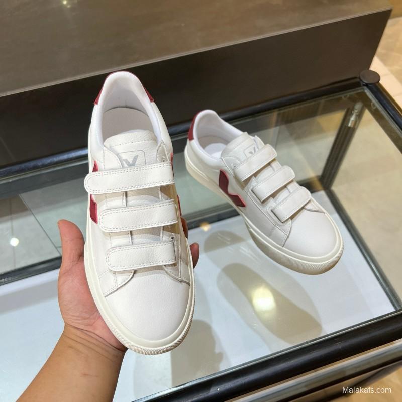 2025 Unisex VEJA White Burgundy Leather Canvas Sneakers MJ00240