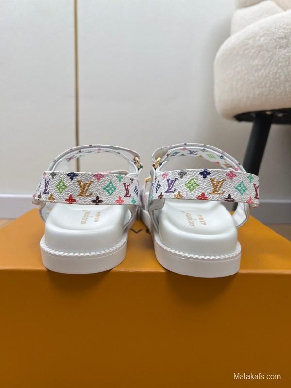 2025 Women Louis Vuitton White Multicolor Leather Sandals KFY00280