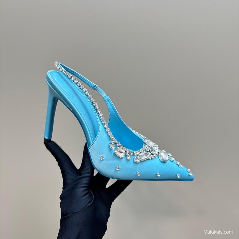 2025 Women Gucci Blue Silk Crystal Embellished Slingback High Heel KFY00340