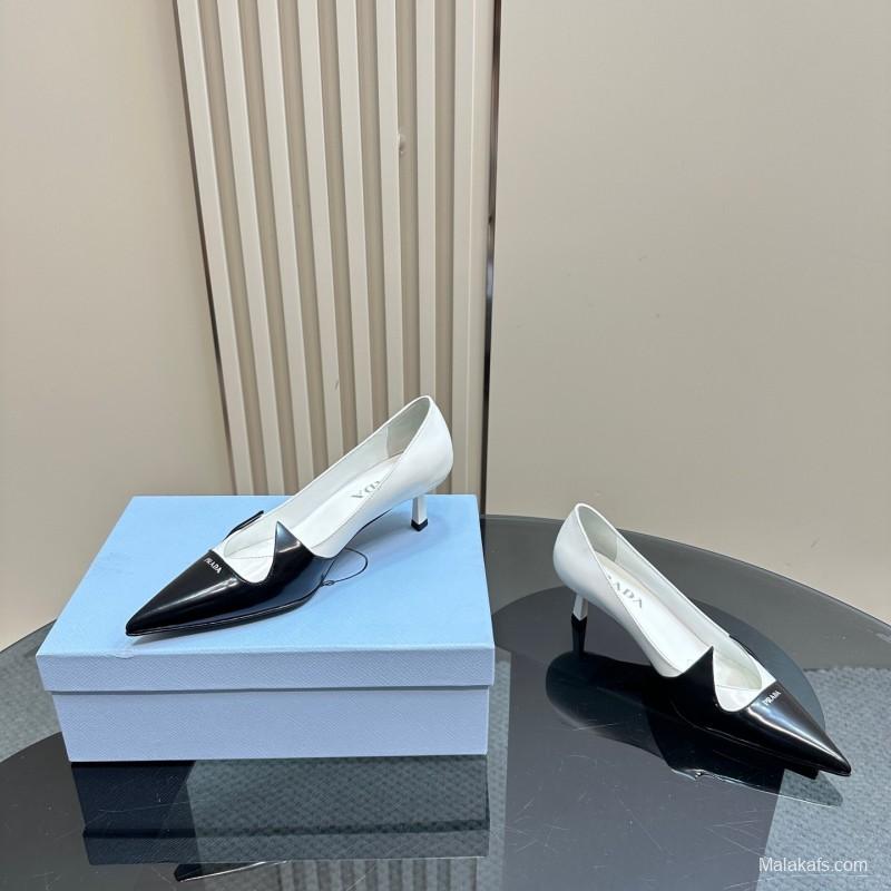 2025 Women Prada Black White Leather Heels KFY00310