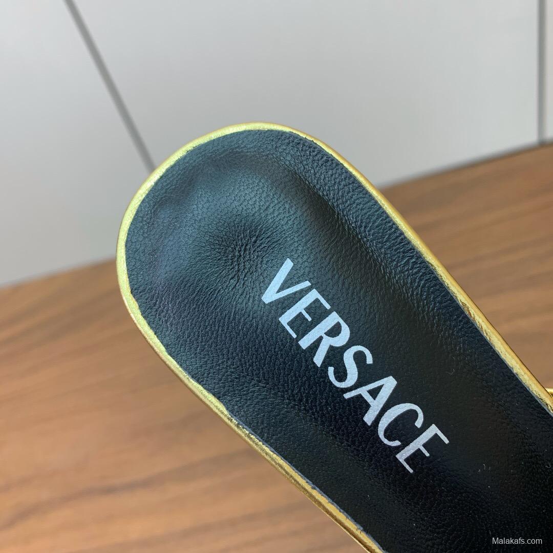 2025 Women VERSACE Gold Leather Heeled Sandals