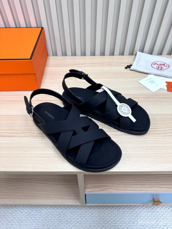 2025 Slippers Hermès Black Leather Sandals