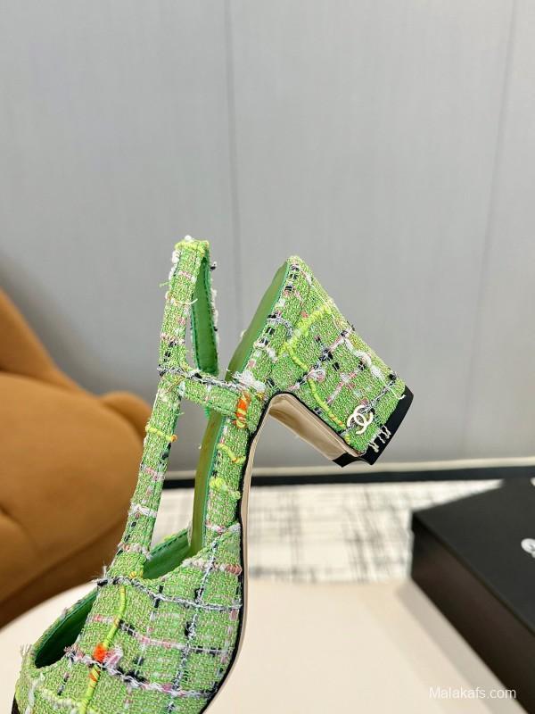 2025 Women Chanel Green Black Fabric Leather Slingback Shoes