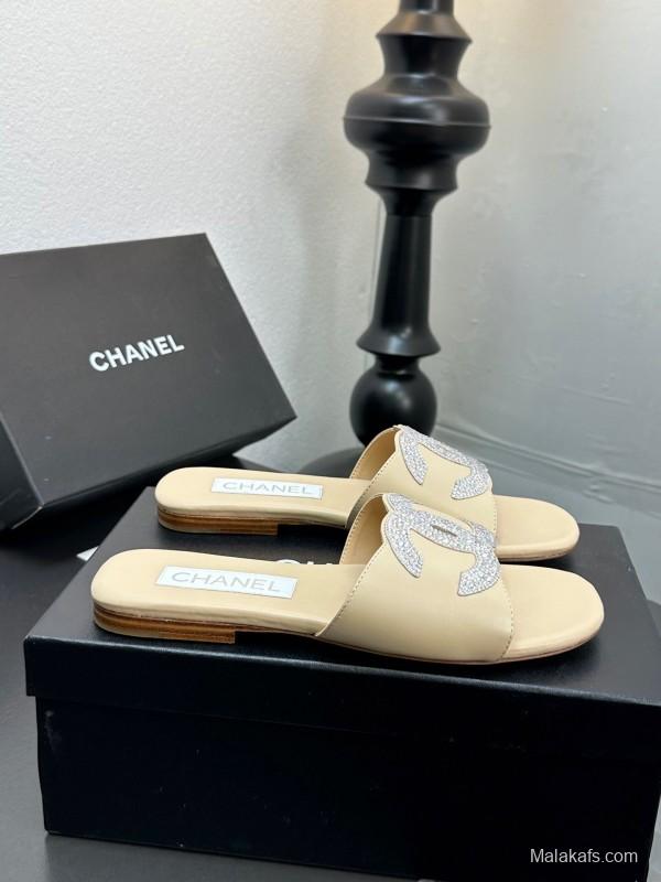 2025 Women CHANEL Beige Leather Slippers