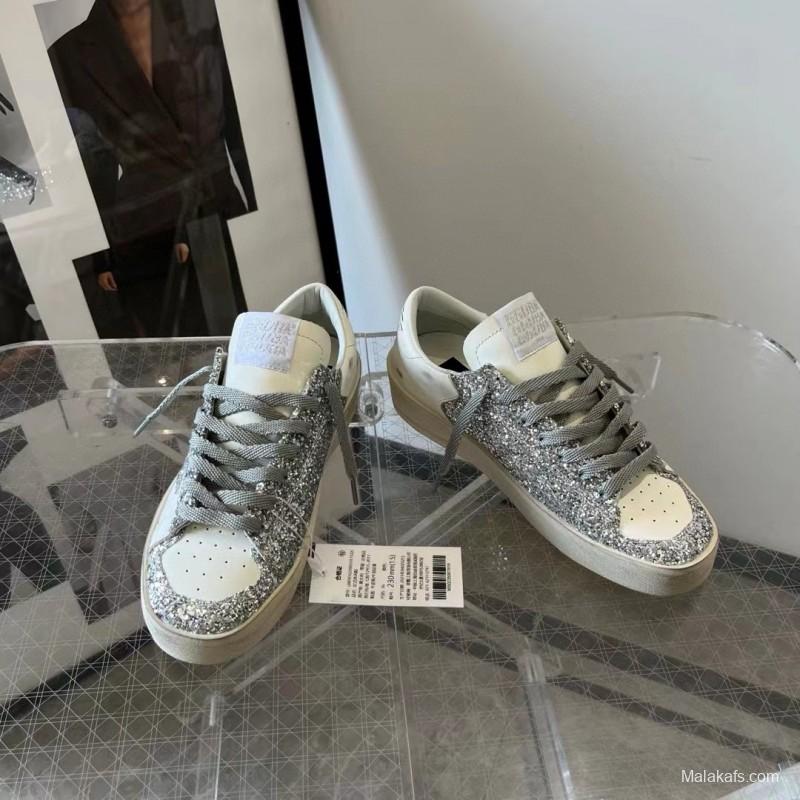 2024 Unisex GGDB White Silver Leather Glitter Low-Top Sneakers MJ00260