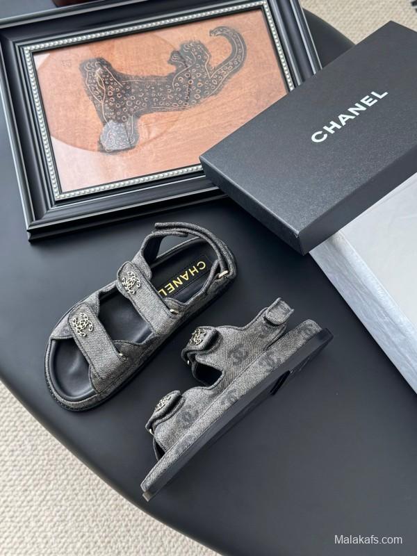 2025 Women Chanel Black Fabric Sandals LY00320