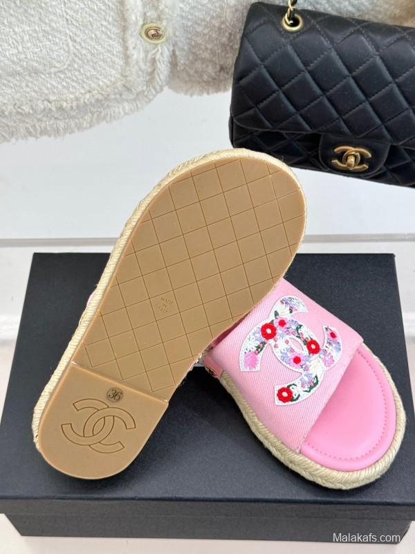 2025 Slippers Chanel Pink Canvas Embroidered KFY00230