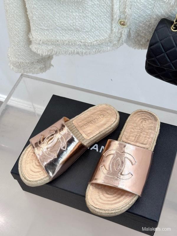 2025 Slippers Chanel Rose Gold Leather Women Espadrille Handmade KFY00230