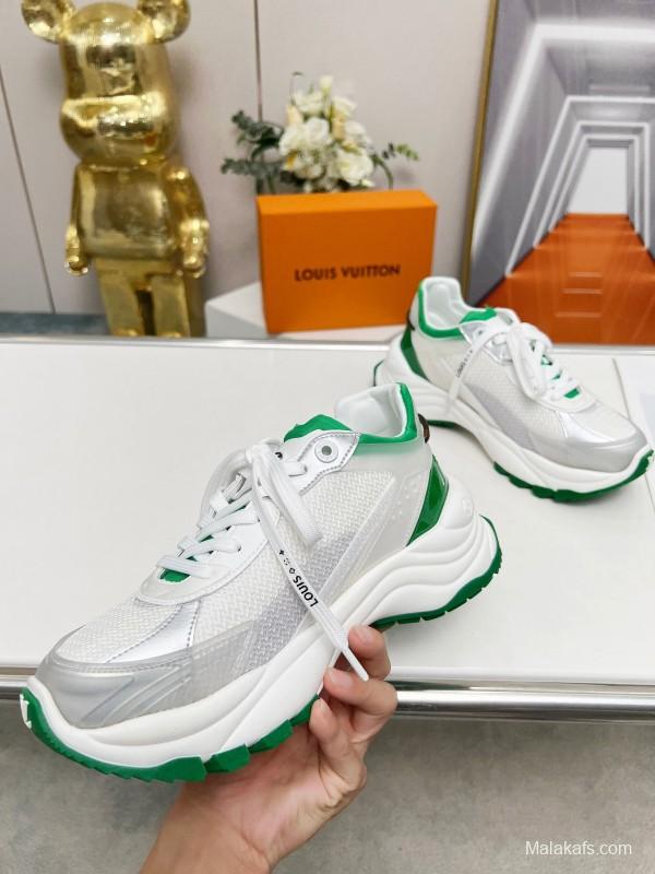 2025 Unisex Louis Vuitton White Green Leather Mesh Rubber Sneakers LY00340