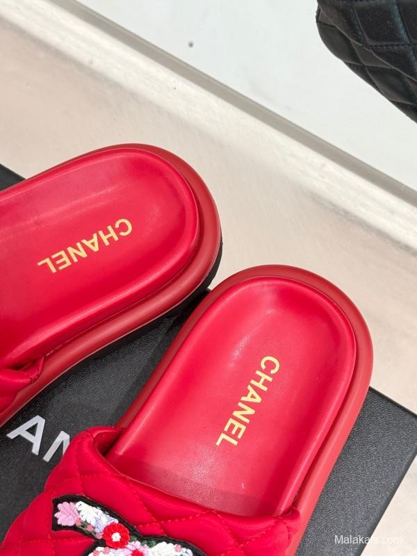 2025 Slippers Chanel Red Quilted Sequins Slide KFY00261