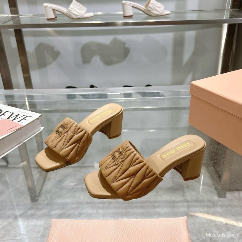 2025 Women Miu Miu Beige Lambskin Heeled Sandals MDR00123