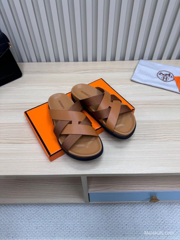 2025 Men Hermès Brown Leather Slippers