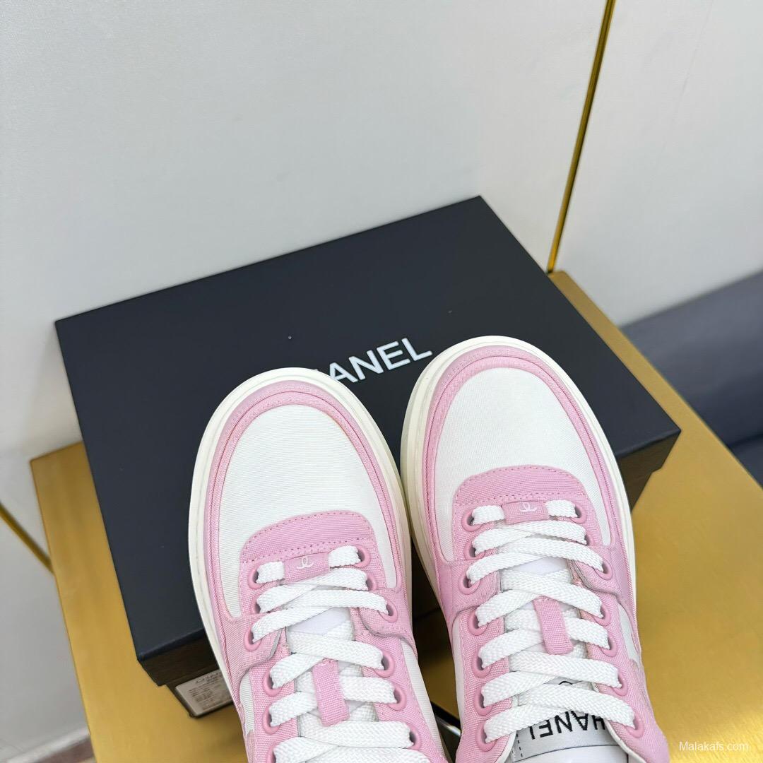 2025 Women Chanel Pink White Leather Suede Platform Sneakers