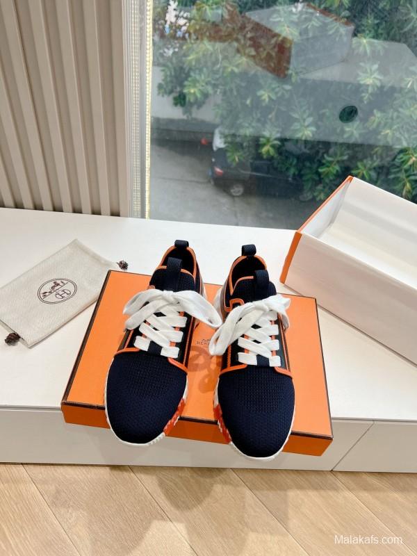 2024 Unisex Hermès navy orange knit leather sneakers