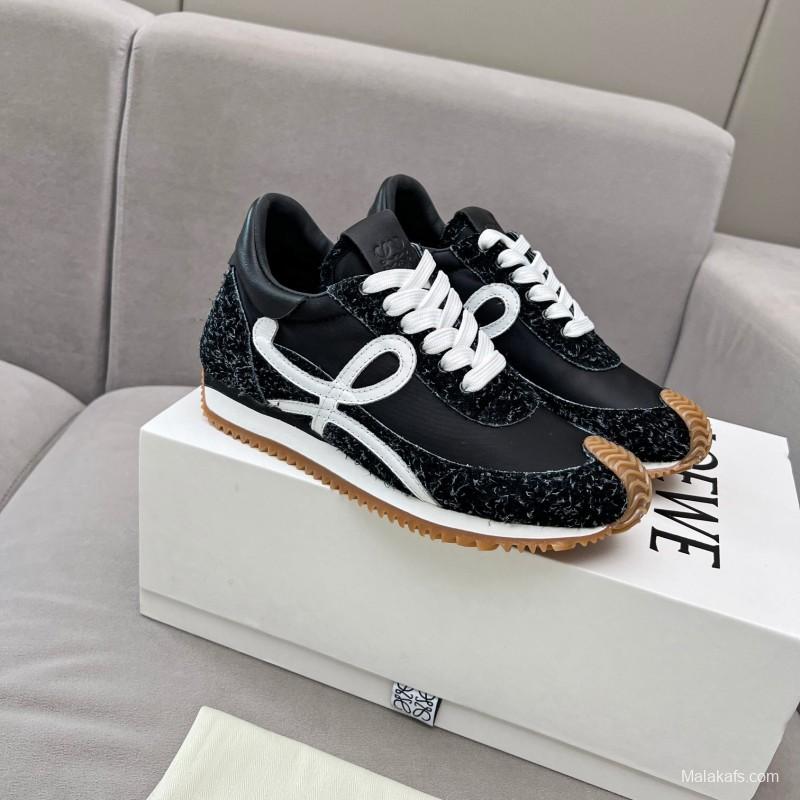 2025 Women Loewe Black White Leather Fabric Sneakers