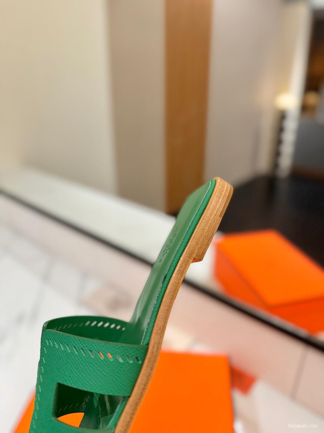 2025 Women Hermès Green Leather Slippers