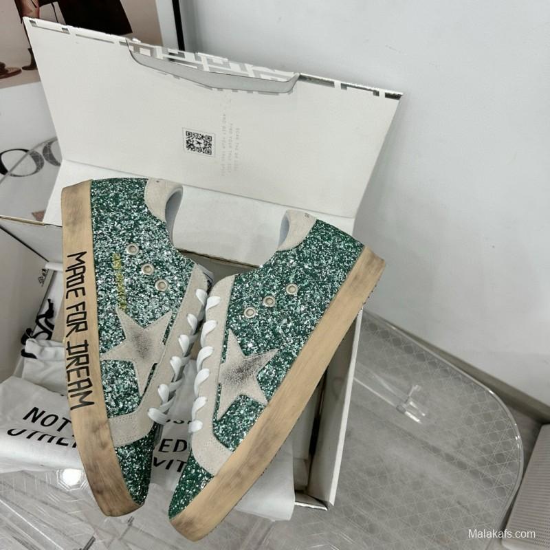 2025 Women GGDB Green White Suede Leather Star Sneakers
