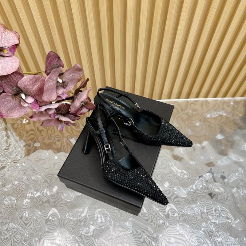 2024 Women Yves Saint Laurent Black Silk Slingback Heels MJ00320