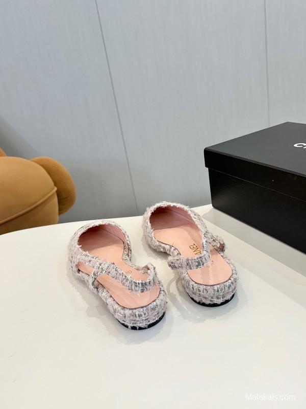 2025 Women Chanel Pink Black Mixed Leather Tweed Slingback Flats