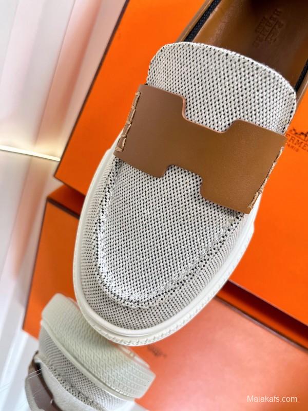 2025 Unisex Hermès White Brown Leather Fabric Loafers