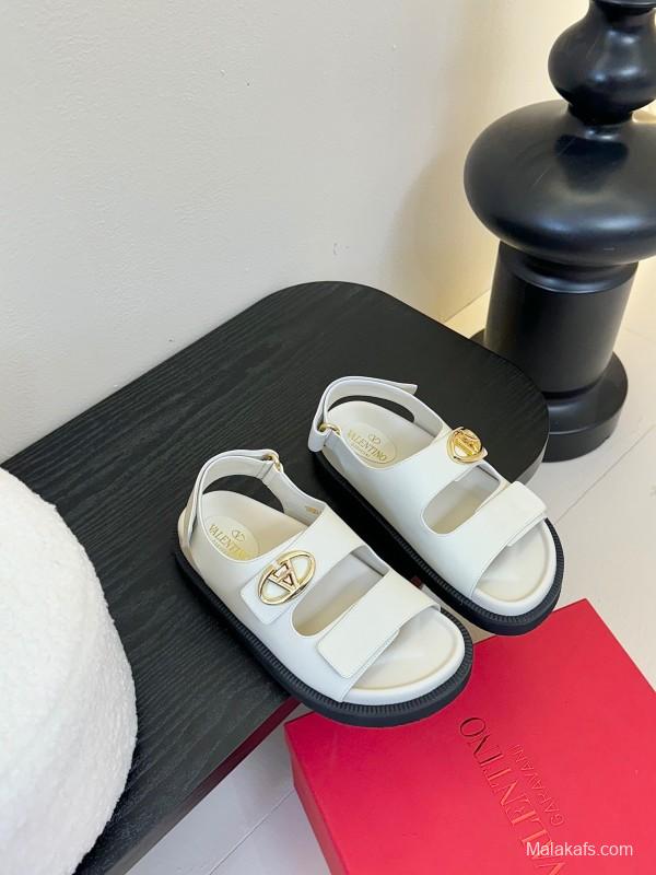 2025 Women Valentino White Leather Sandals V Buckle KFY00320