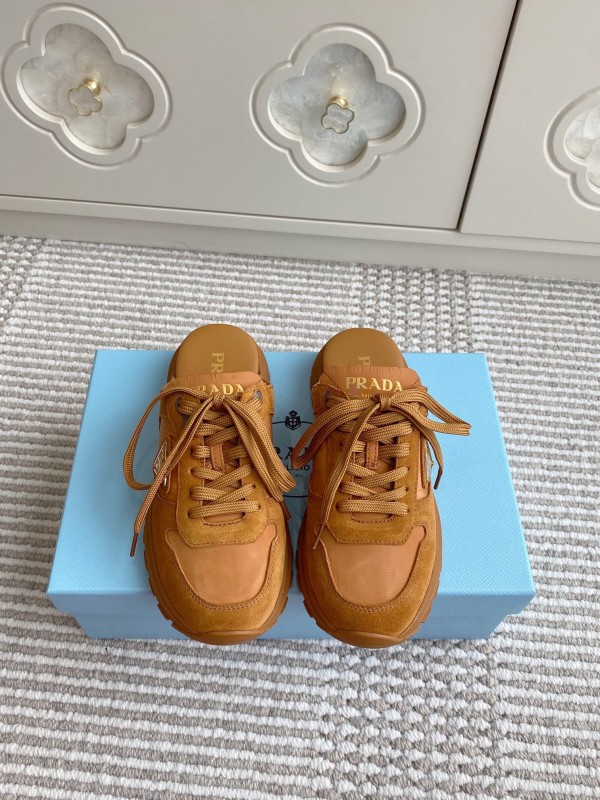 2025 Women Prada Brown Leather Suede Sneakers