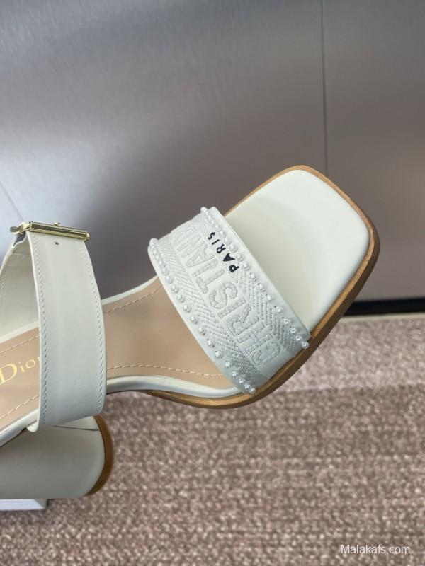 2025 Women Dior White Calfskin Leather Embroidered Sandals KFY00320